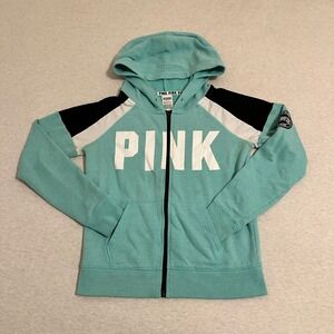 PINK Victoria's Secret Full Zip Hoodie Teal Colorblock Logo Small